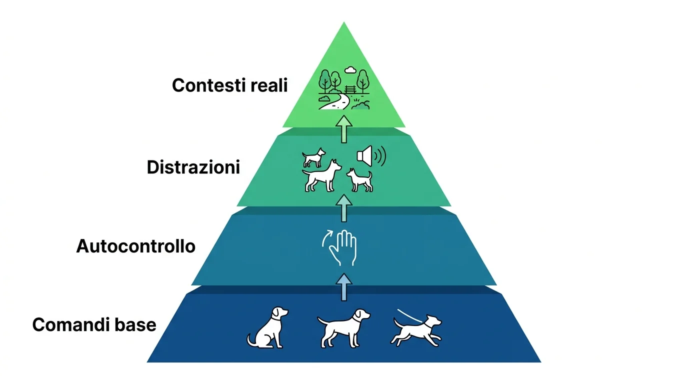 Infografica livelli addestramento cane: comandi base, distrazioni e progressione