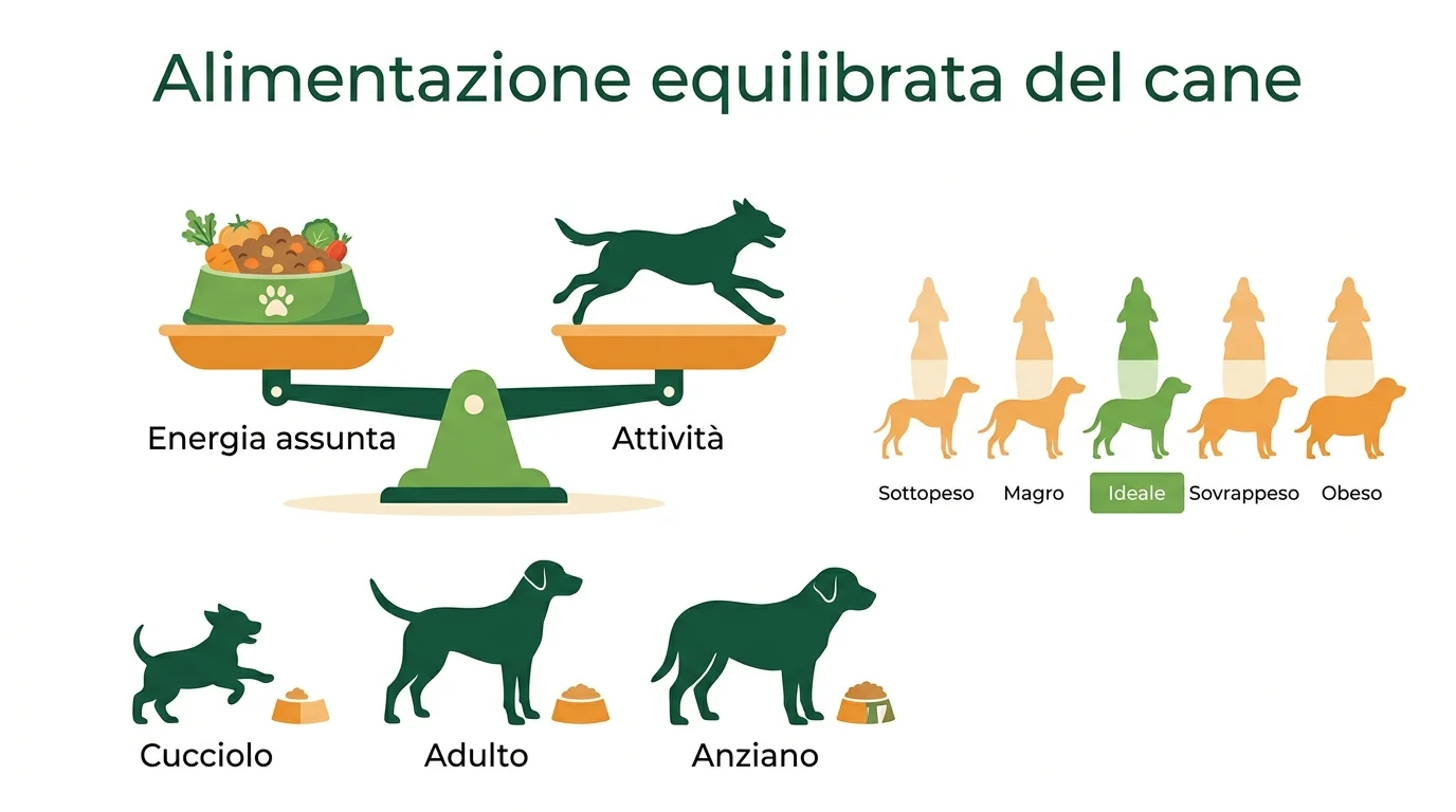 Infografica alimentazione equilibrata del cane: energia, età e condizione corporea