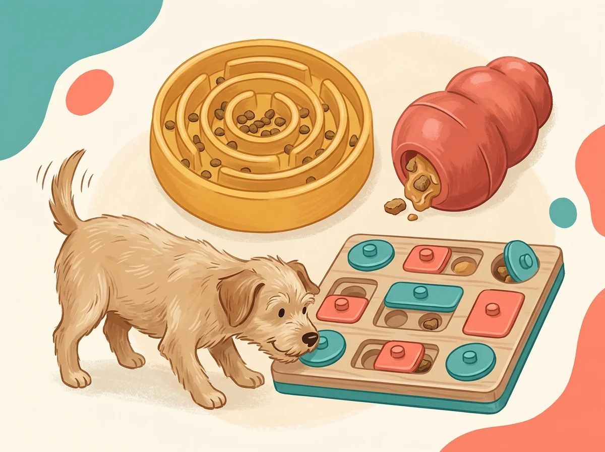Illustrazione arricchimento alimentare per cani: puzzle e feeder interattivi