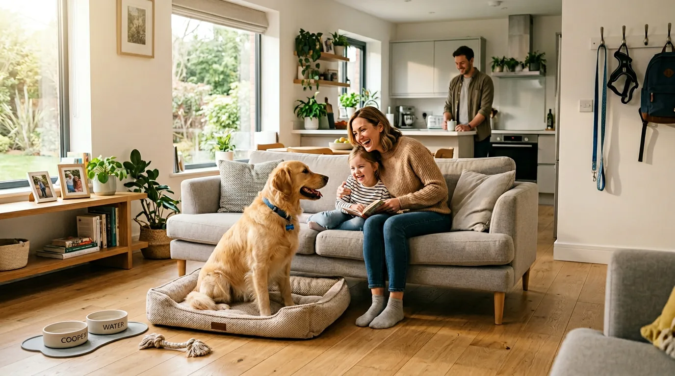 Famiglia che alleva un cane in casa con ambiente sicuro e routine quotidiana
