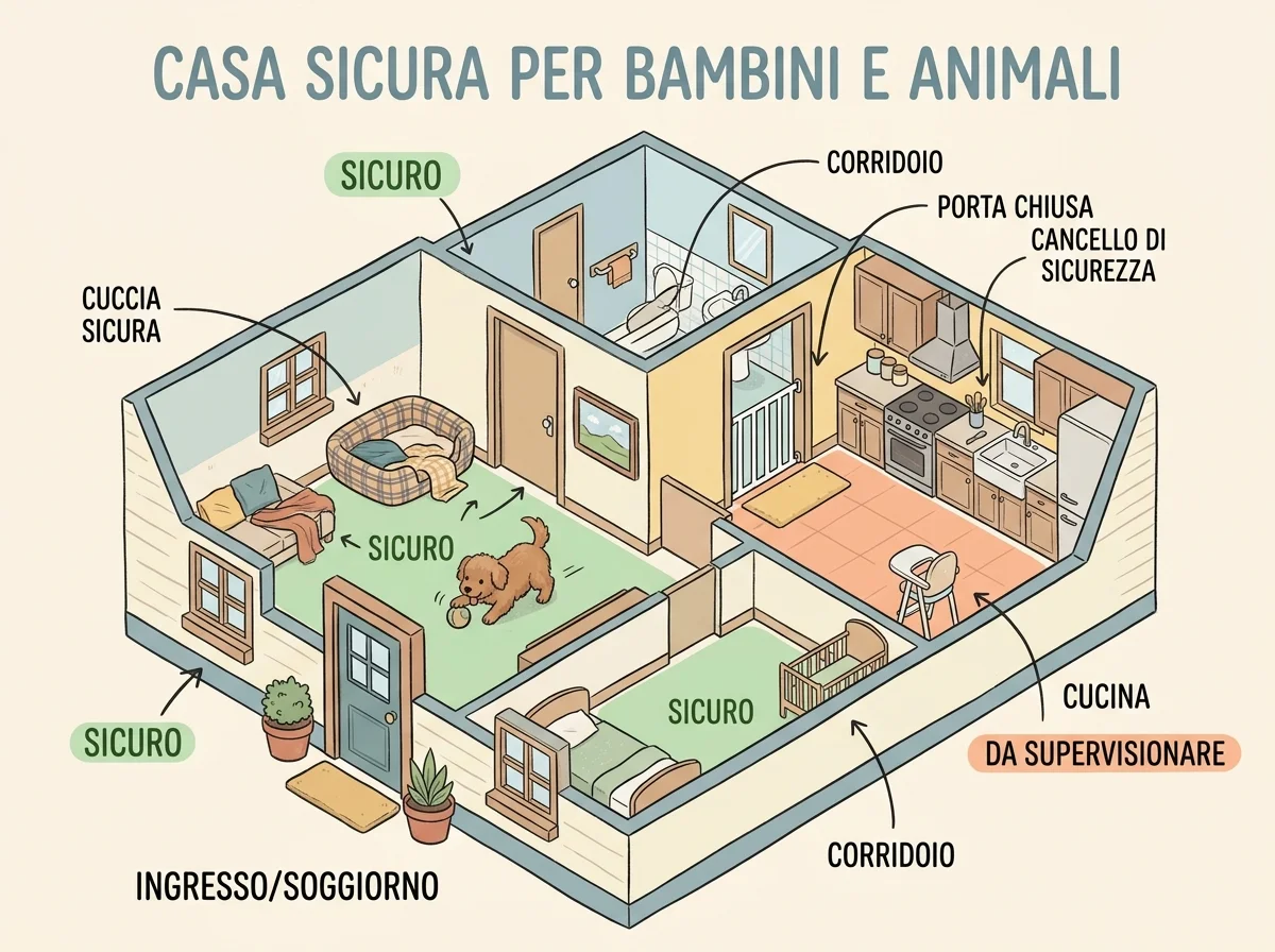 Illustrazione zone della casa sicure per allevare un cane e prevenire pericoli