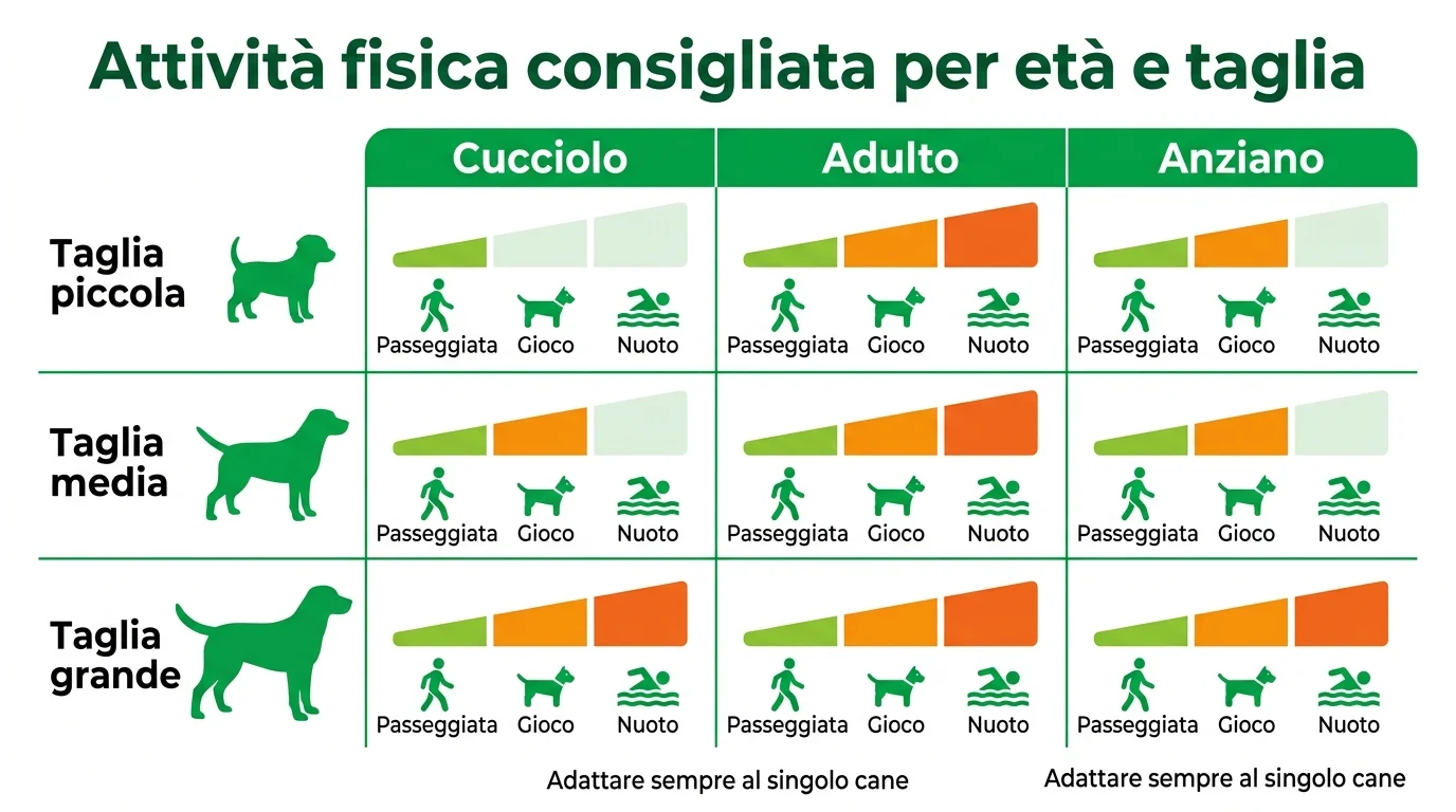 Infografica attività fisica e giochi per cane: intensità in base a età e taglia