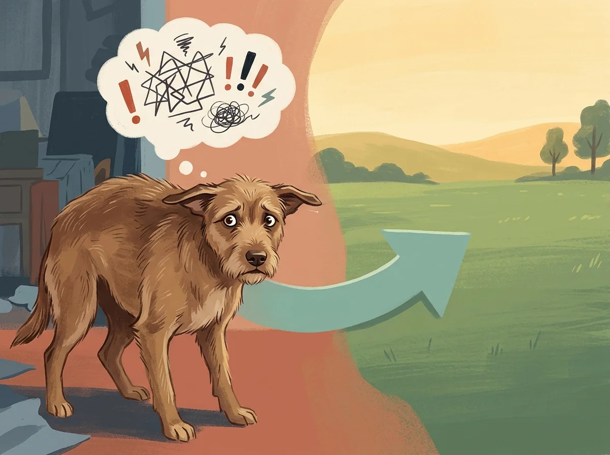 Illustrazione cane iperattivo: bisogno di spazio e calma per ridurre la reattività