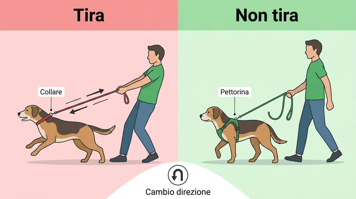 Infografica cane che tira al guinzaglio: tecniche e attrezzatura consigliata