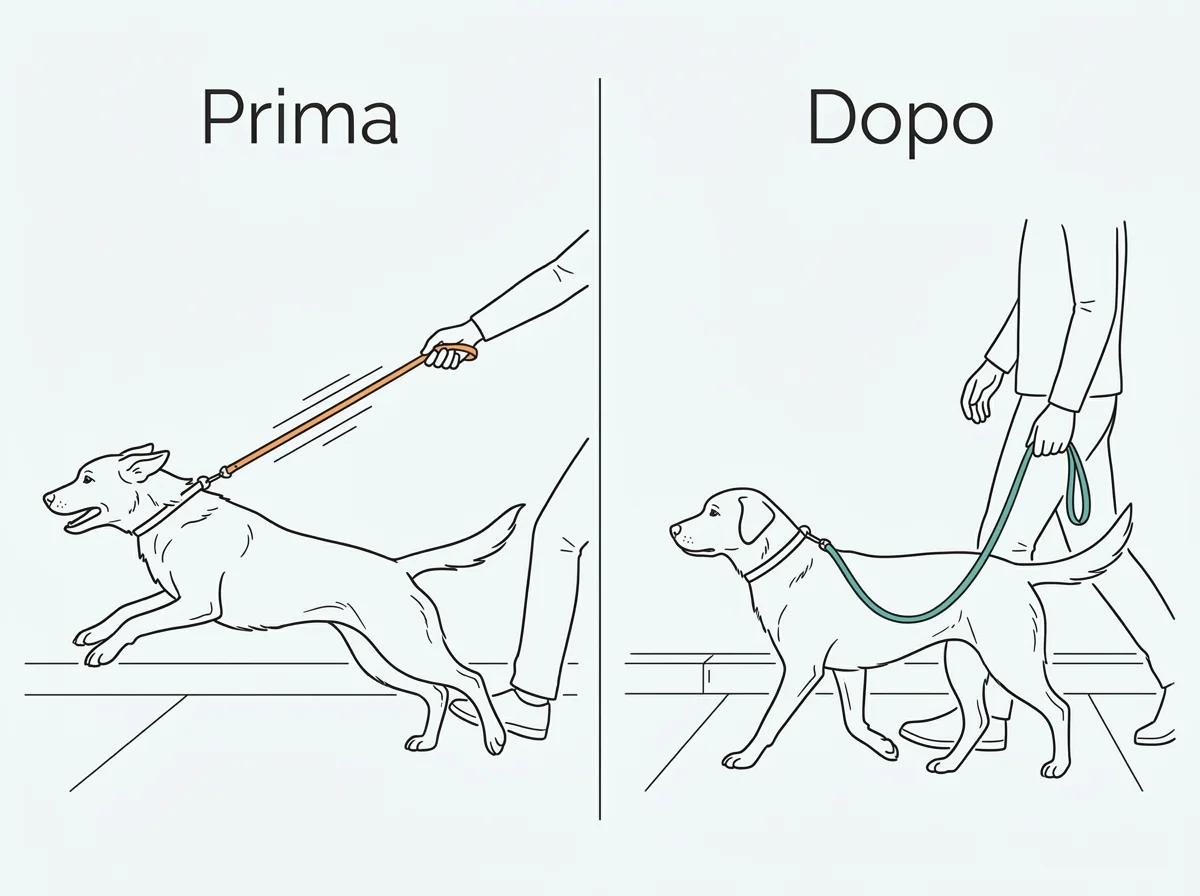 Illustrazione confronto passeggiata: cane che tira al guinzaglio e camminata fluida