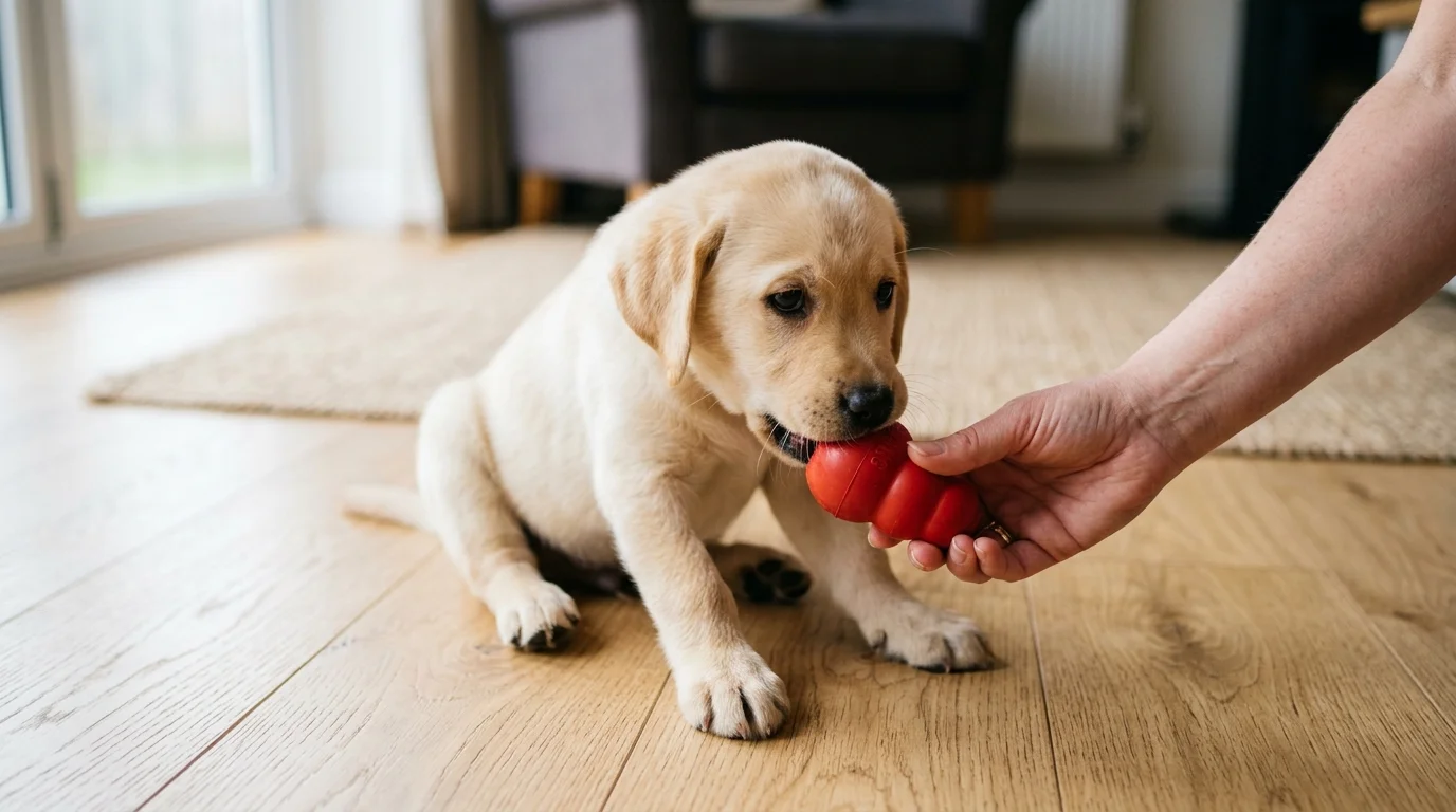 Cucciolo di labrador che morde un gioco di gomma invece della mano