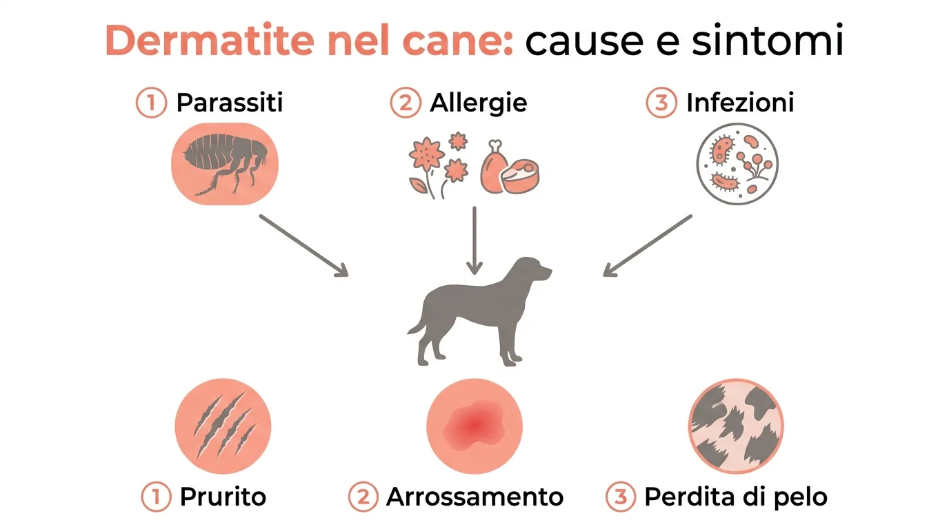 Infografica cause e sintomi della dermatite nel cane