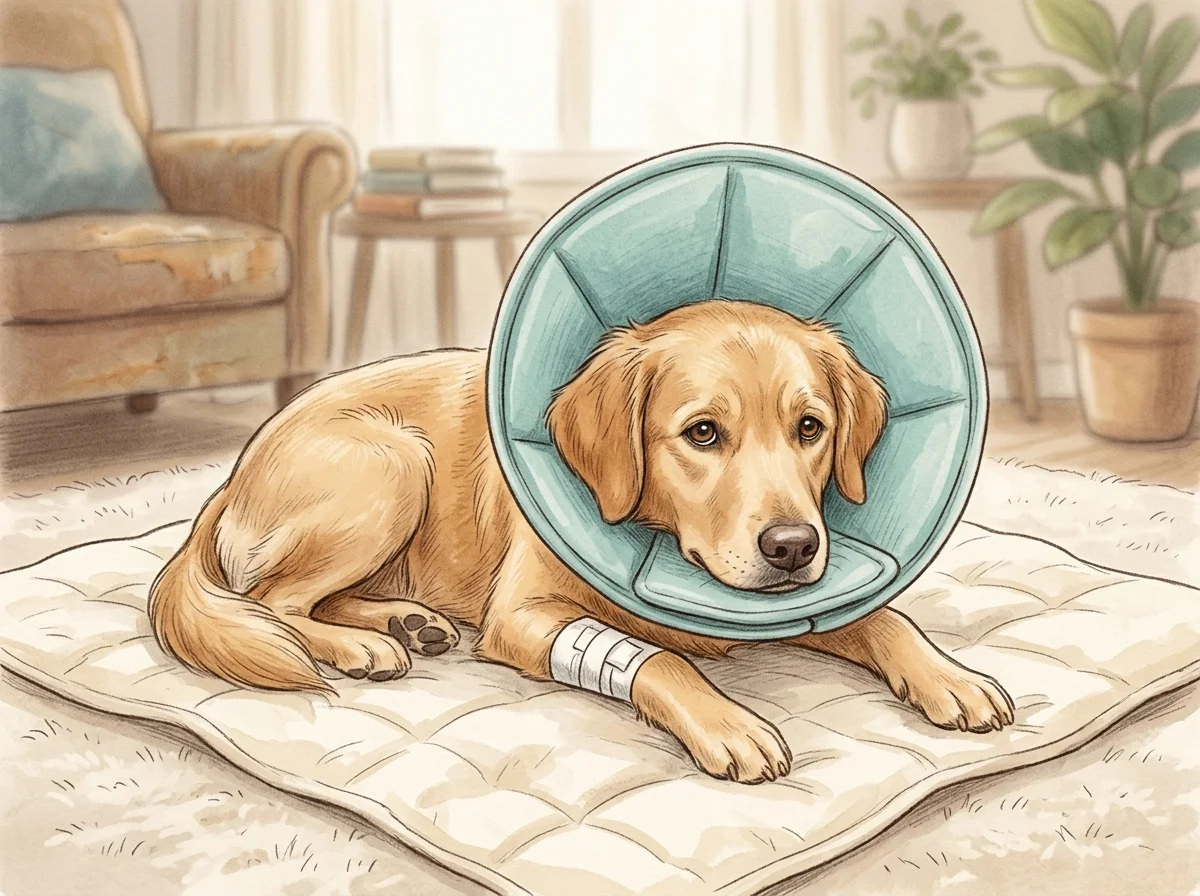 Illustrazione protezione della cute del cane con collare elisabetta dopo dermatite