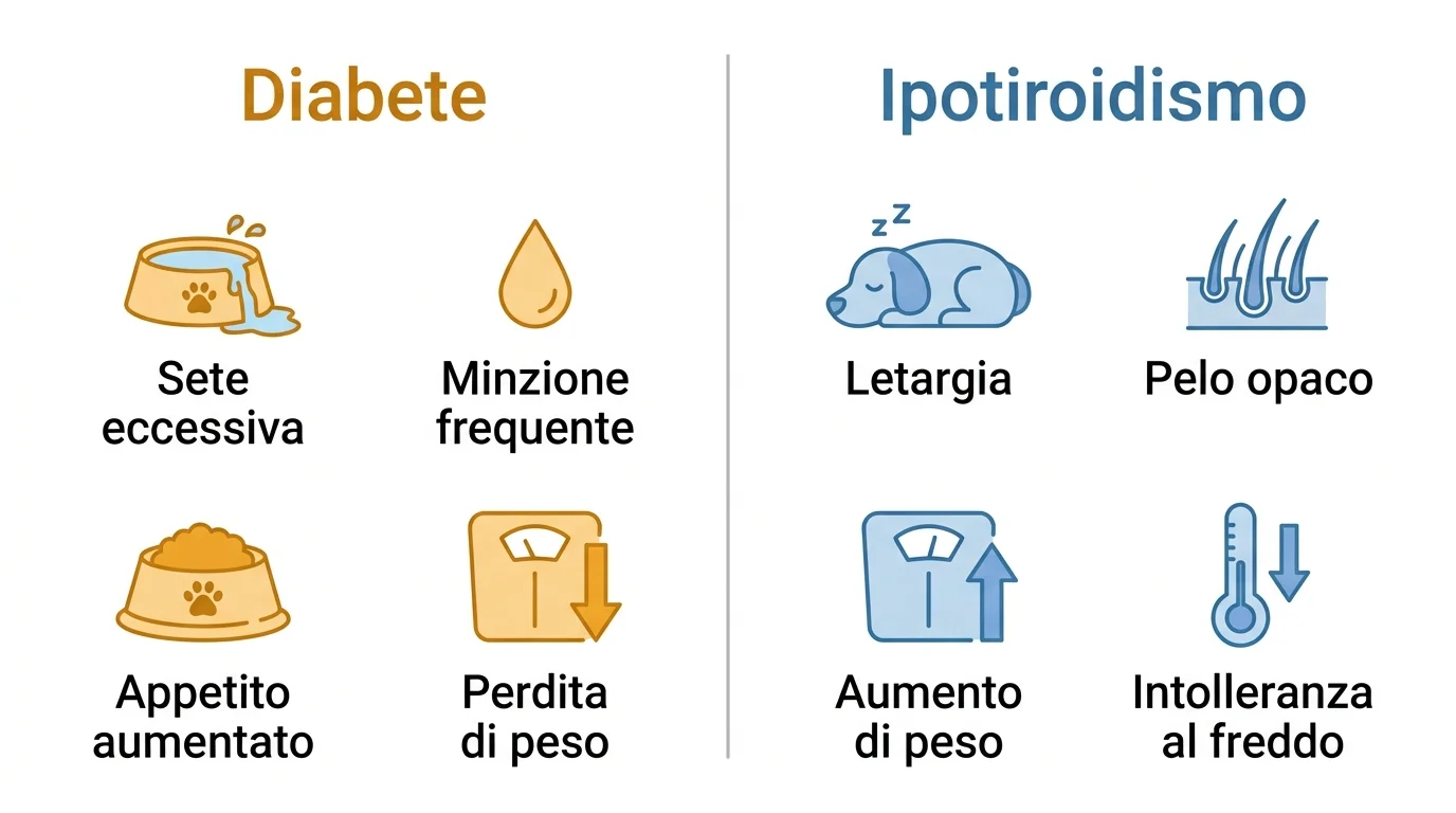 Infografica confronto sintomi diabete e ipotiroidismo nel cane