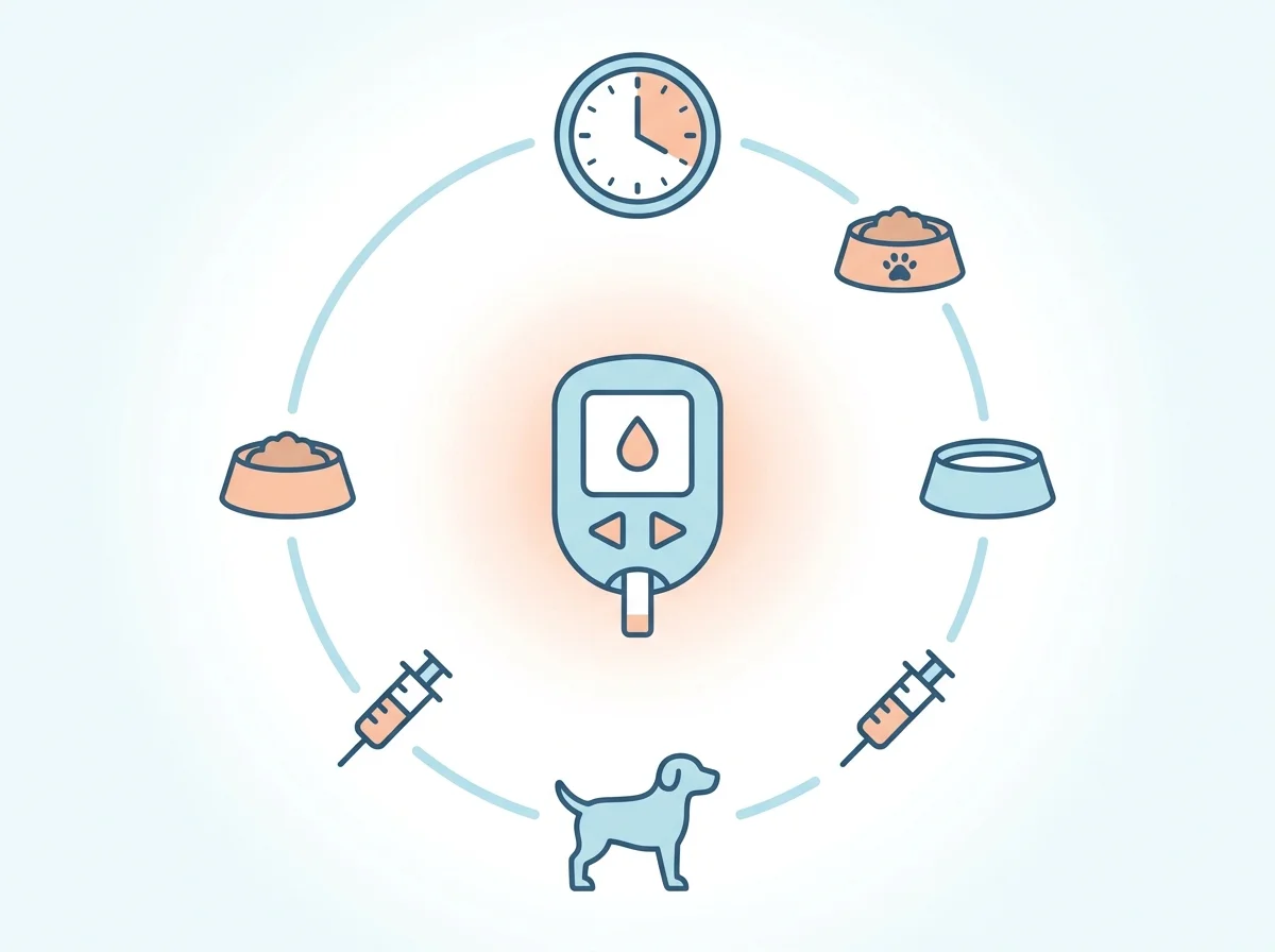 Illustrazione monitoraggio metabolico e routine nel cane diabetico (concetto educativo)