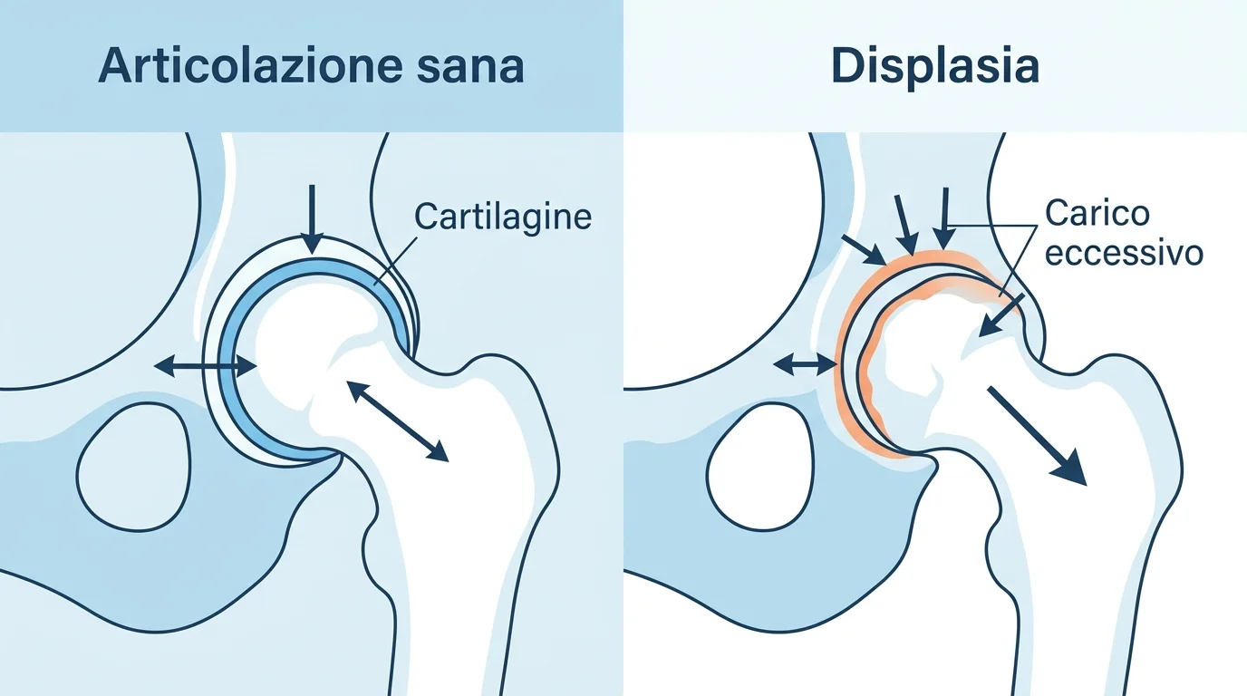 Infografica displasia dell'anca e artrite nel cane: carico articolare e usura