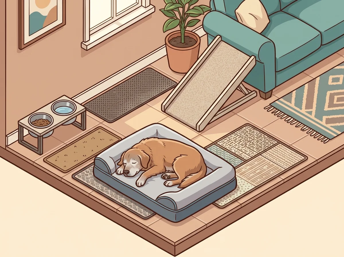 Illustrazione accessori per cane con problemi articolari: comfort e sicurezza