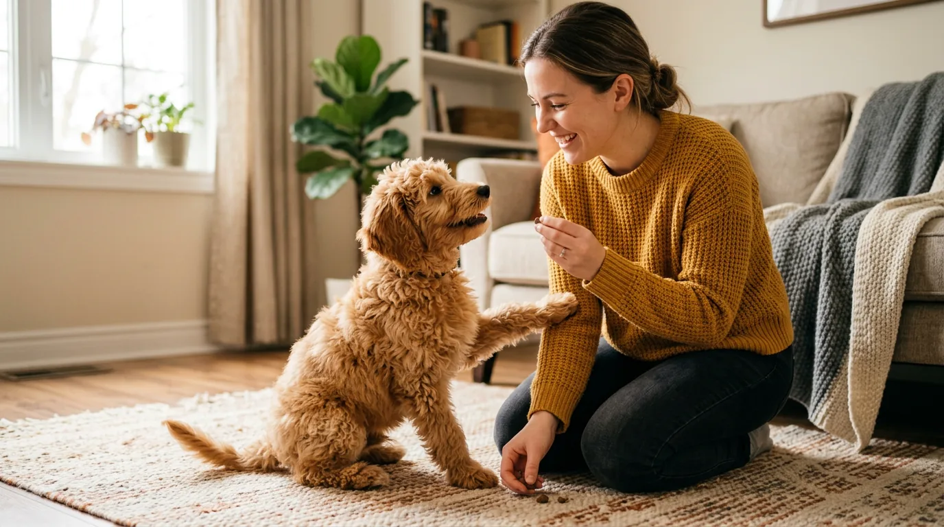 Cucciolo di cane durante educazione positiva e gioco con il proprietario — guida su come educare un cucciolo