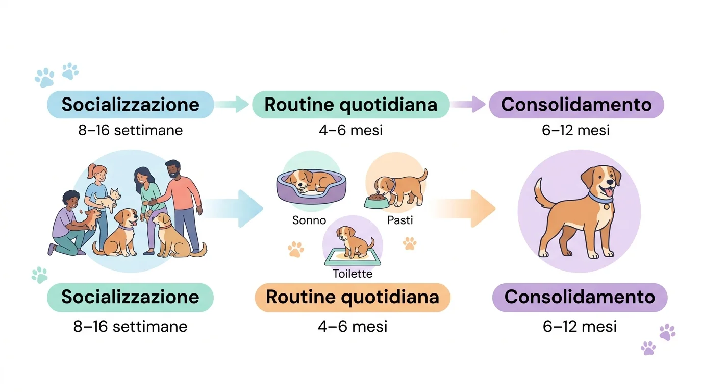 Infografica timeline educazione cucciolo: fasi per età e routine quotidiana del cane