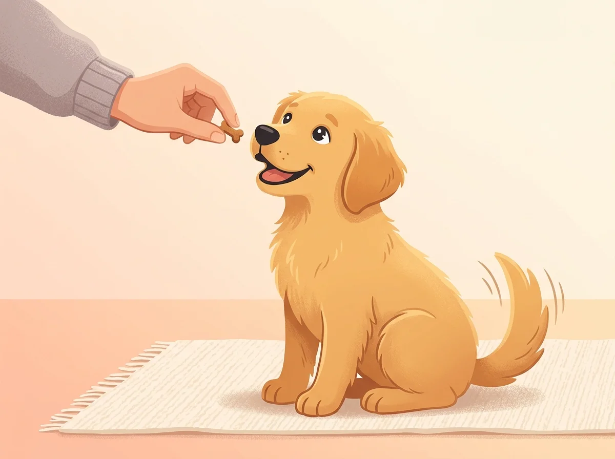 Illustrazione educazione cucciolo con rinforzo positivo e premio durante l'addestramento