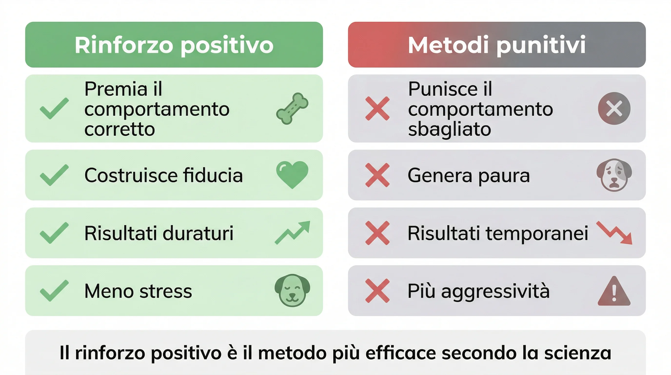 Infografica metodi educazione cinofila: rinforzo positivo e comandi fondamentali per il cane