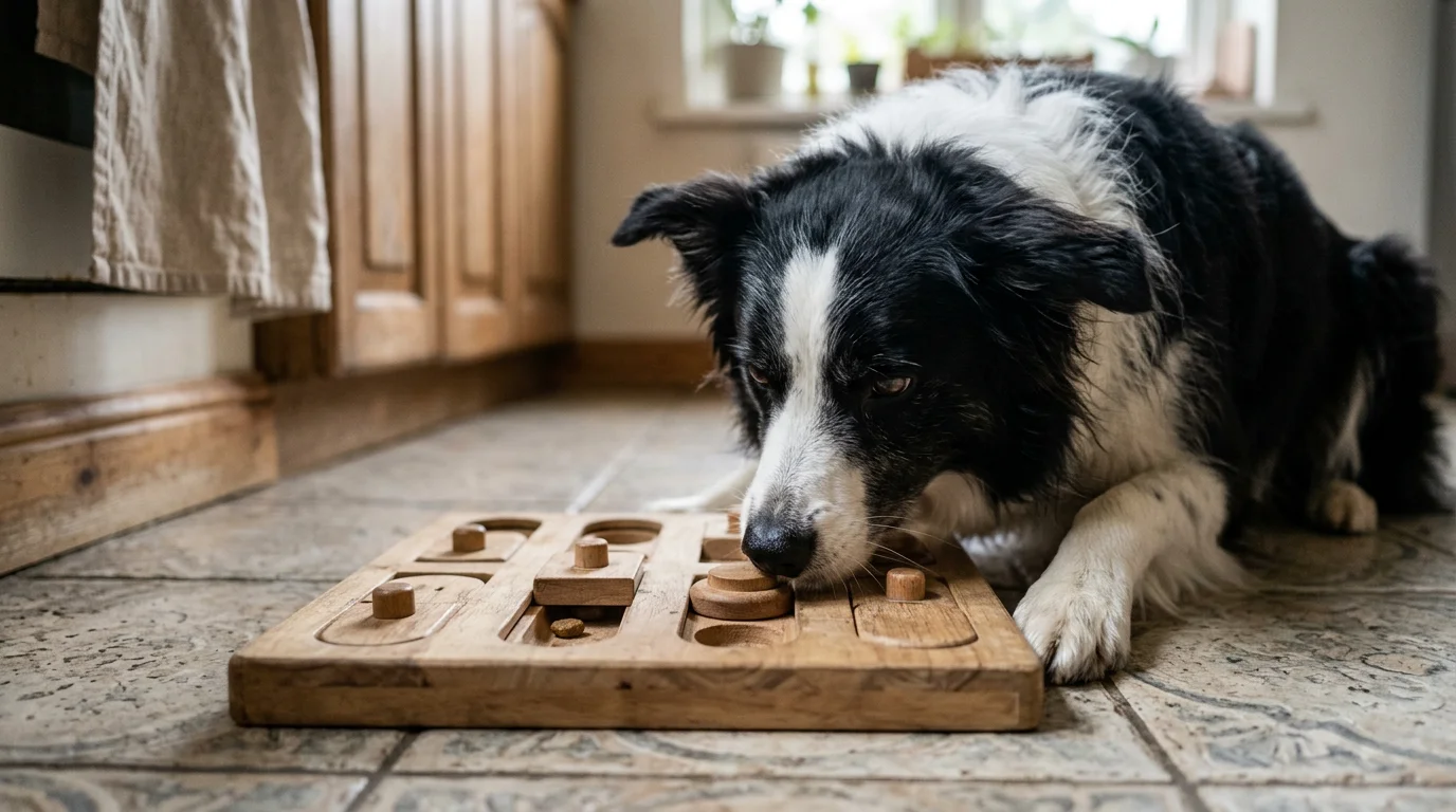 Border collie concentrato su un gioco di attivazione mentale in legno