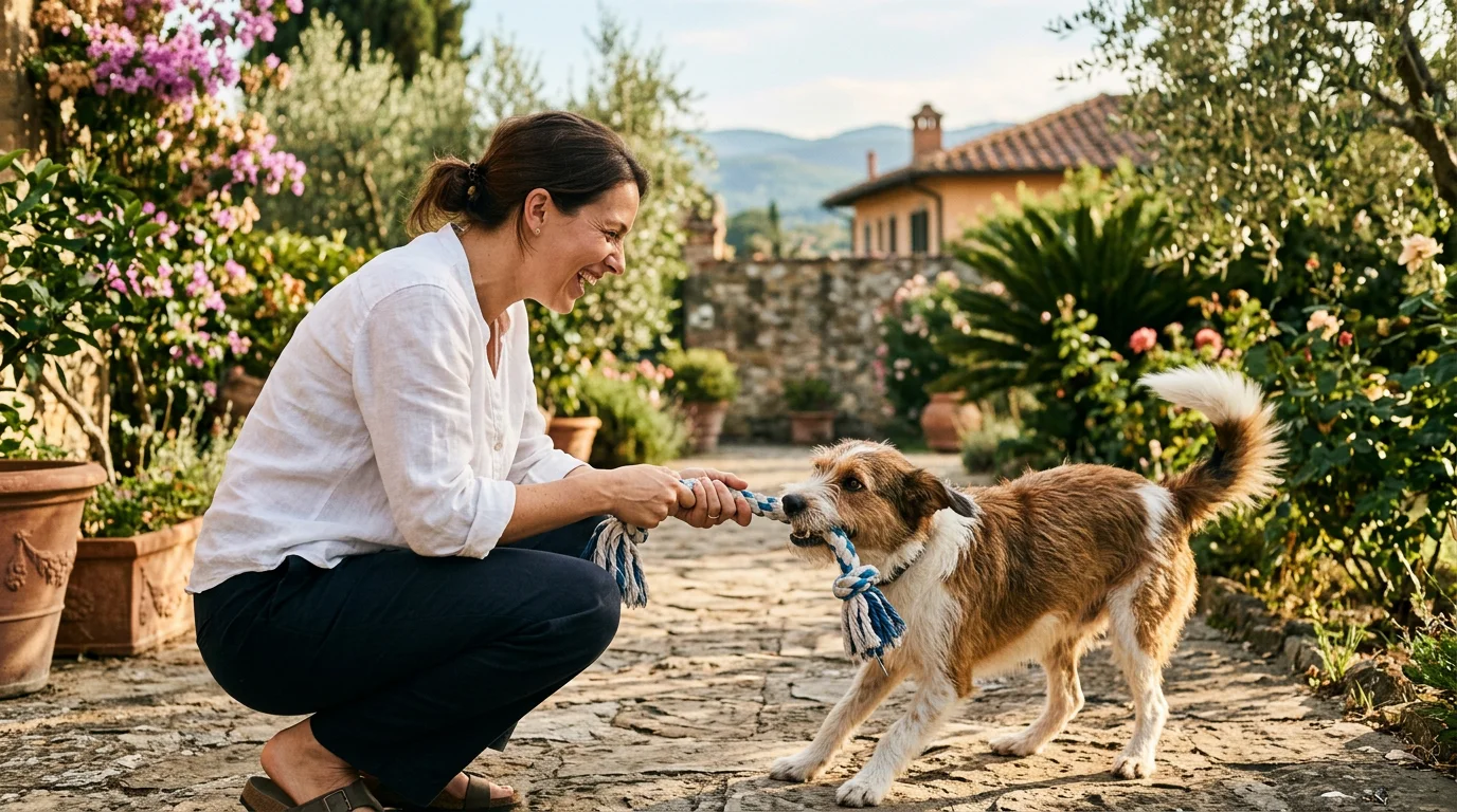 Cane che gioca a tira e molla con la proprietaria in giardino