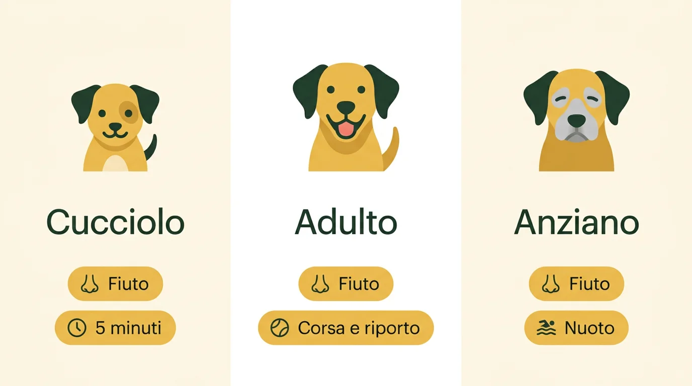 Infografica: quali giochi per cucciolo, cane adulto e cane anziano