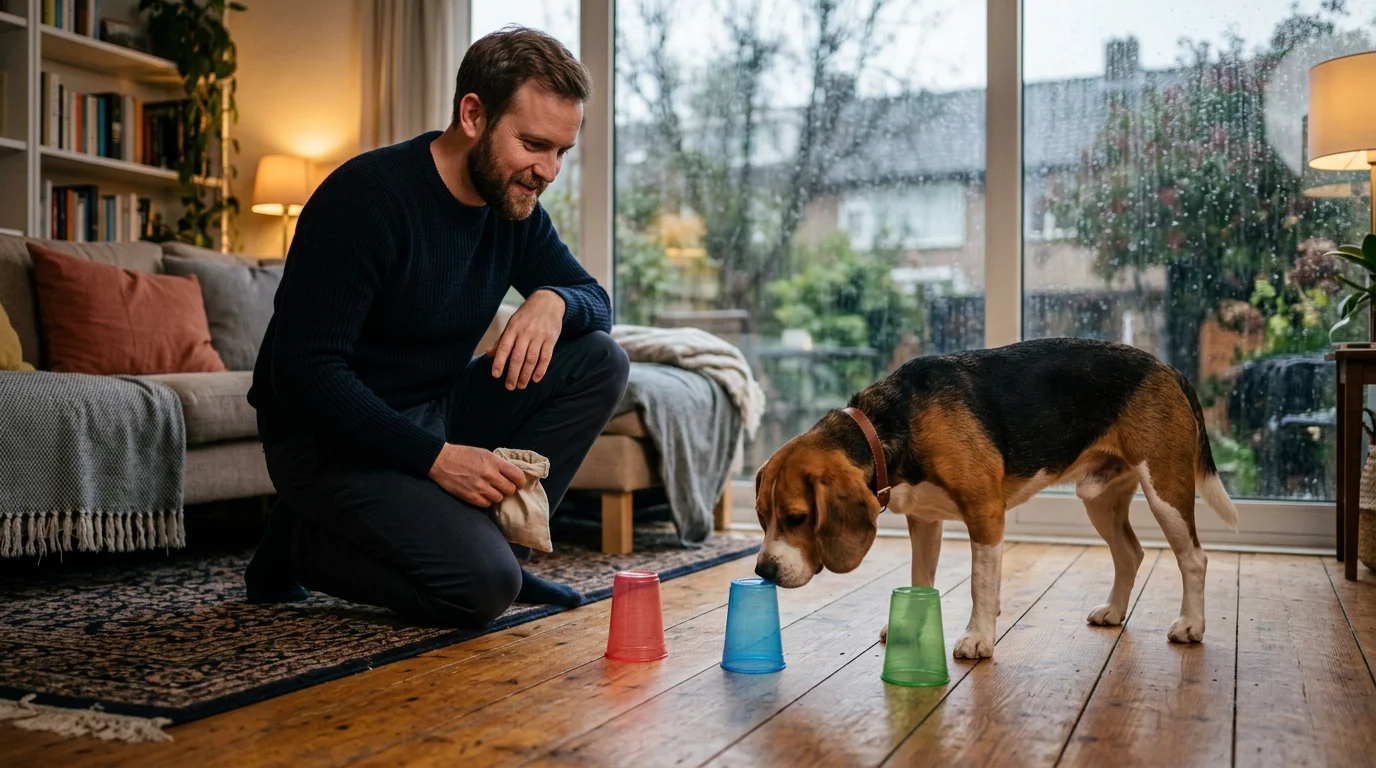 Beagle che gioca al gioco dei bicchieri in salotto in una giornata di pioggia
