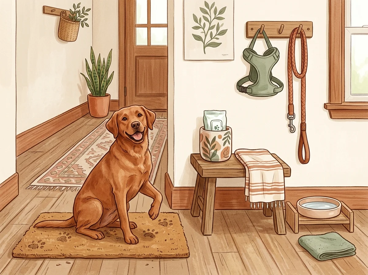 Illustrazione angolo ingresso per igiene zampe e routine dopo passeggiata