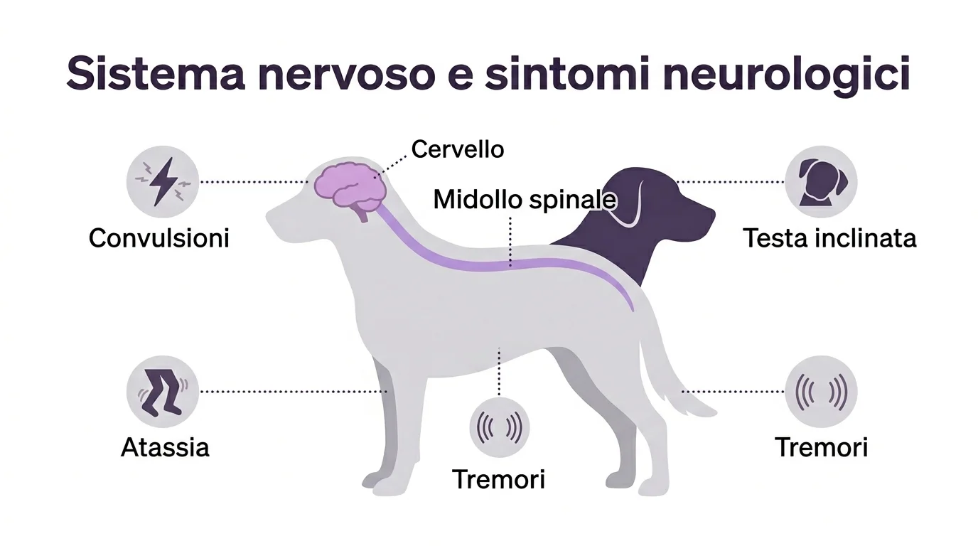 Infografica malattie neurologiche nel cane: sintomi e aree del sistema nervoso