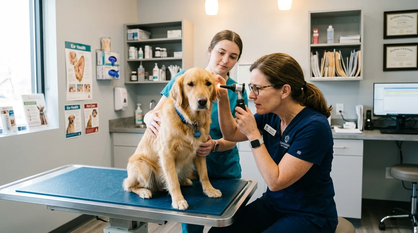 Esame dell'orecchio del cane per otite in ambiente veterinario