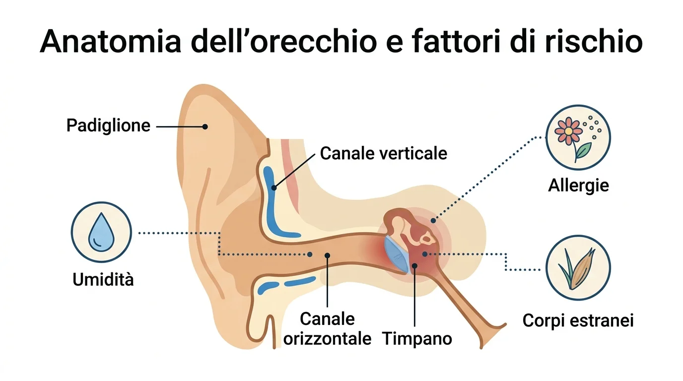 Infografica otite nel cane: anatomia dell'orecchio e fattori di rischio