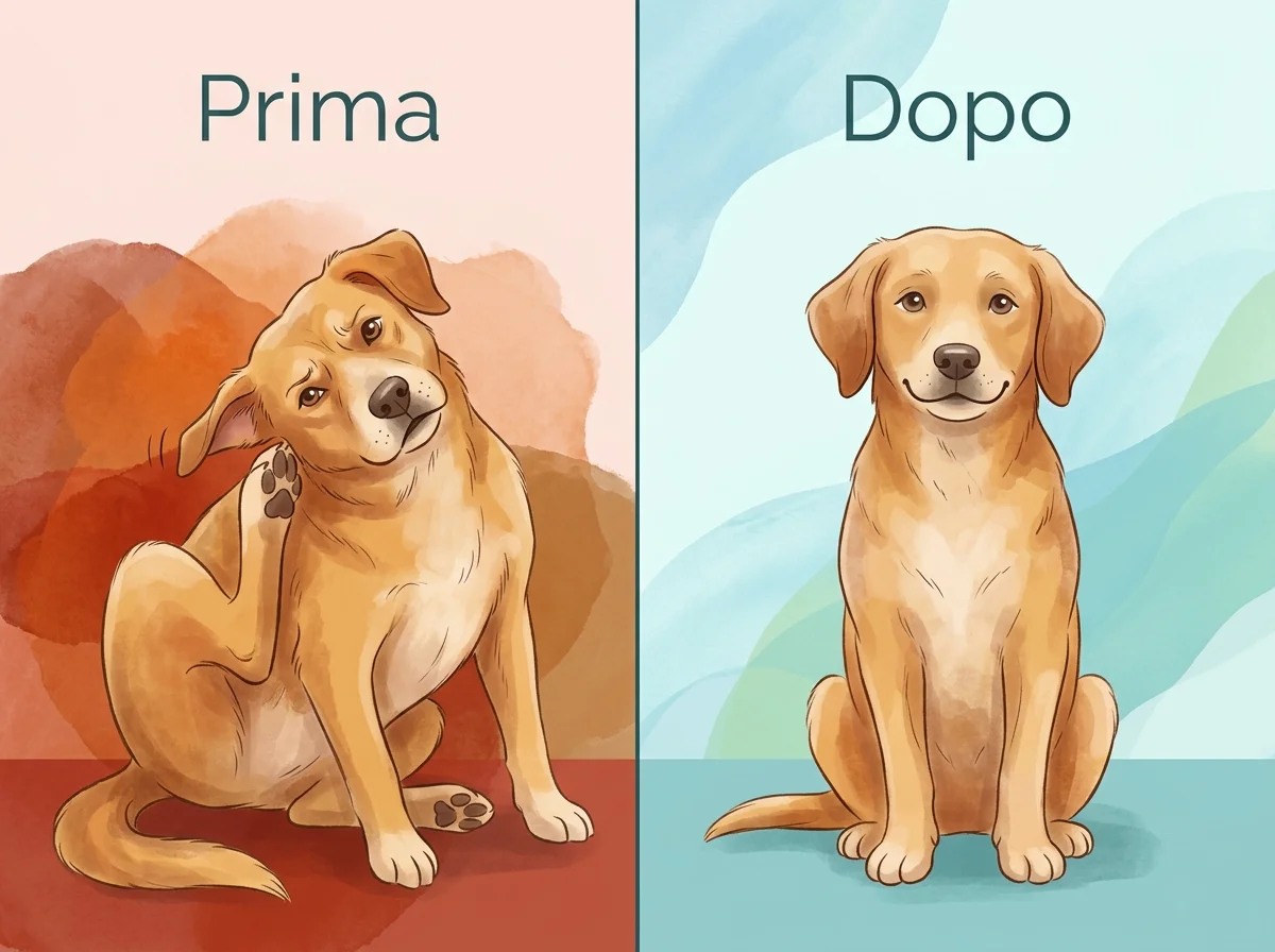 Illustrazione segni di otite nel cane e sollievo dopo trattamento veterinario