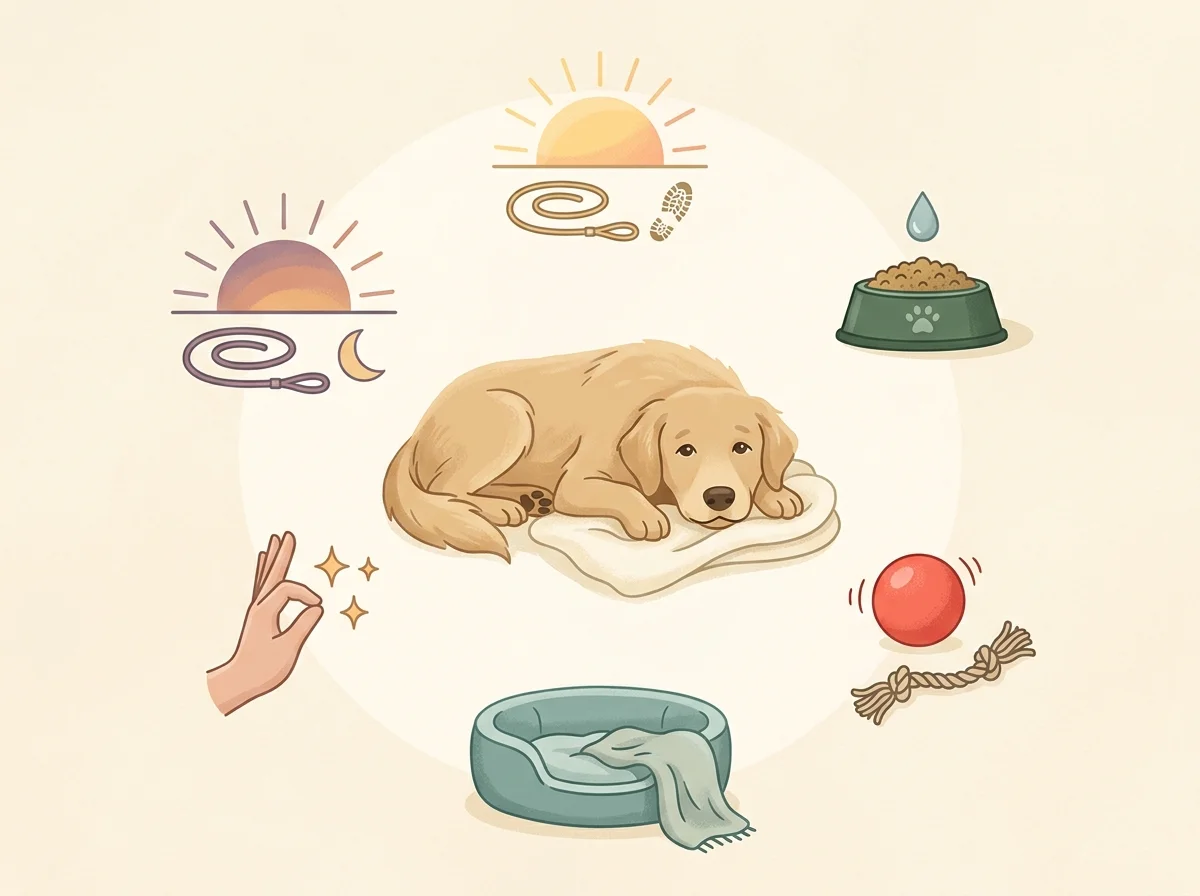 Illustrazione routine strutturata per ridurre stress e problemi comportamentali nel cane