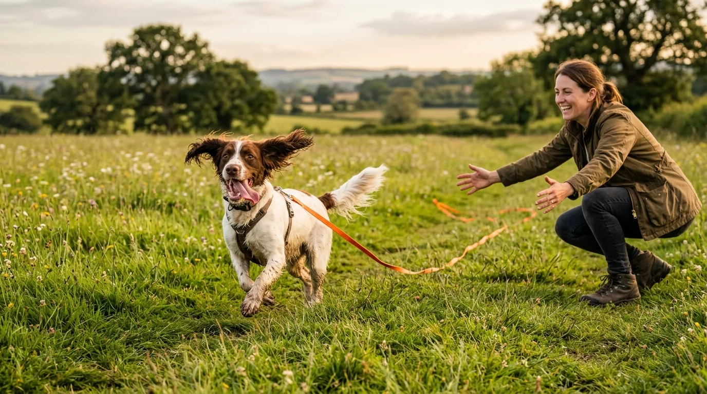 Springer spaniel che corre verso la proprietaria su un prato con la lunghina