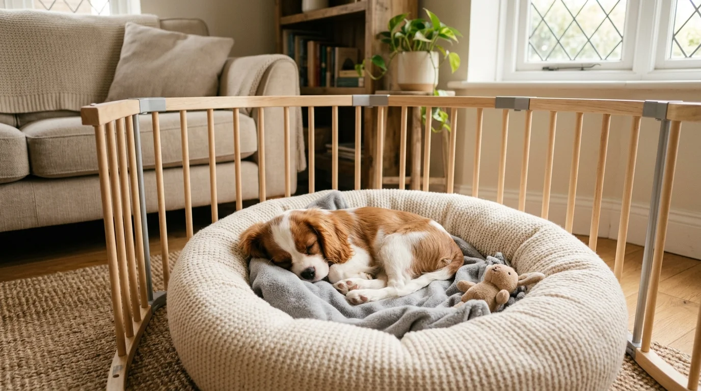 Cucciolo che dorme in una cuccia morbida dentro il recinto in salotto