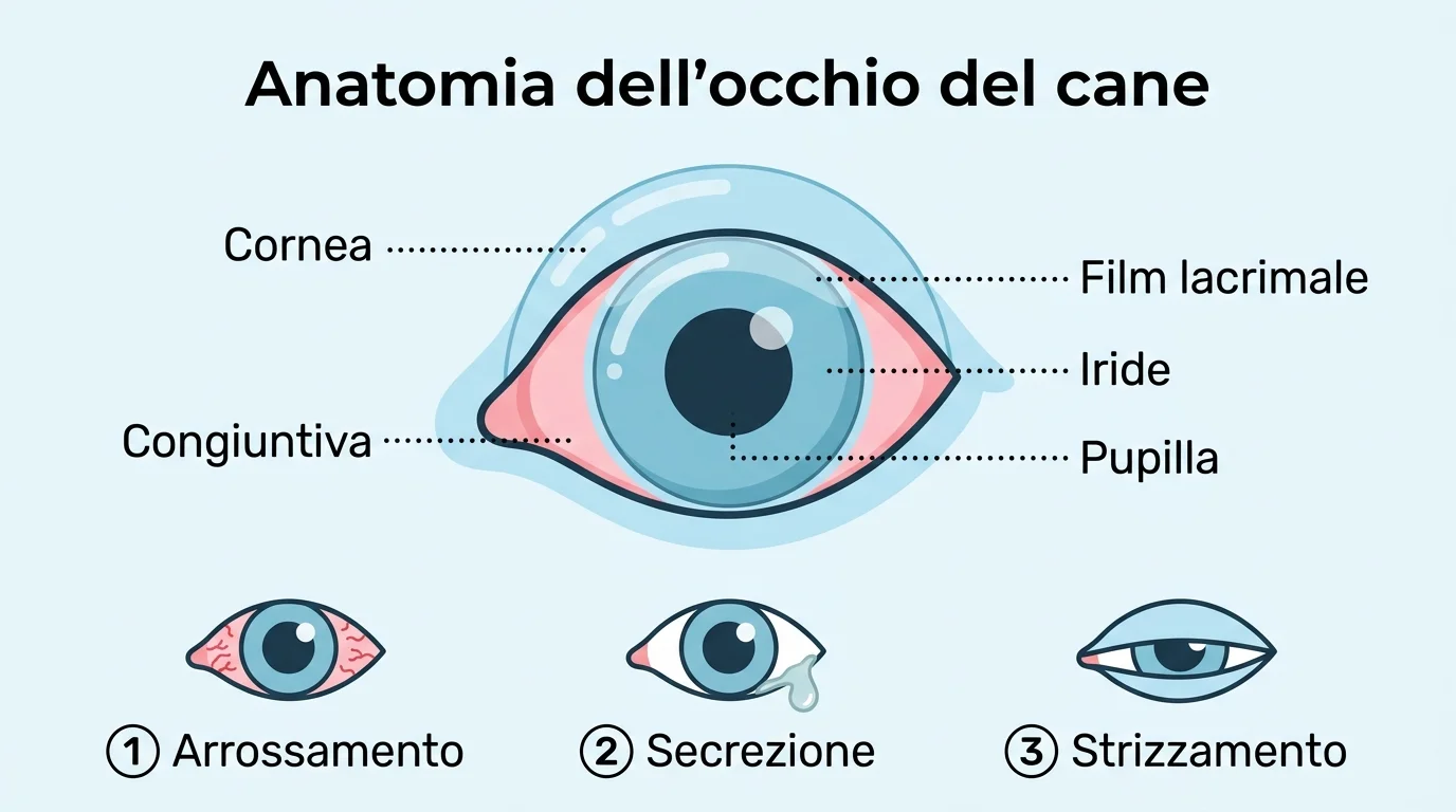 Infografica anatomia oculare del cane e sintomi comuni