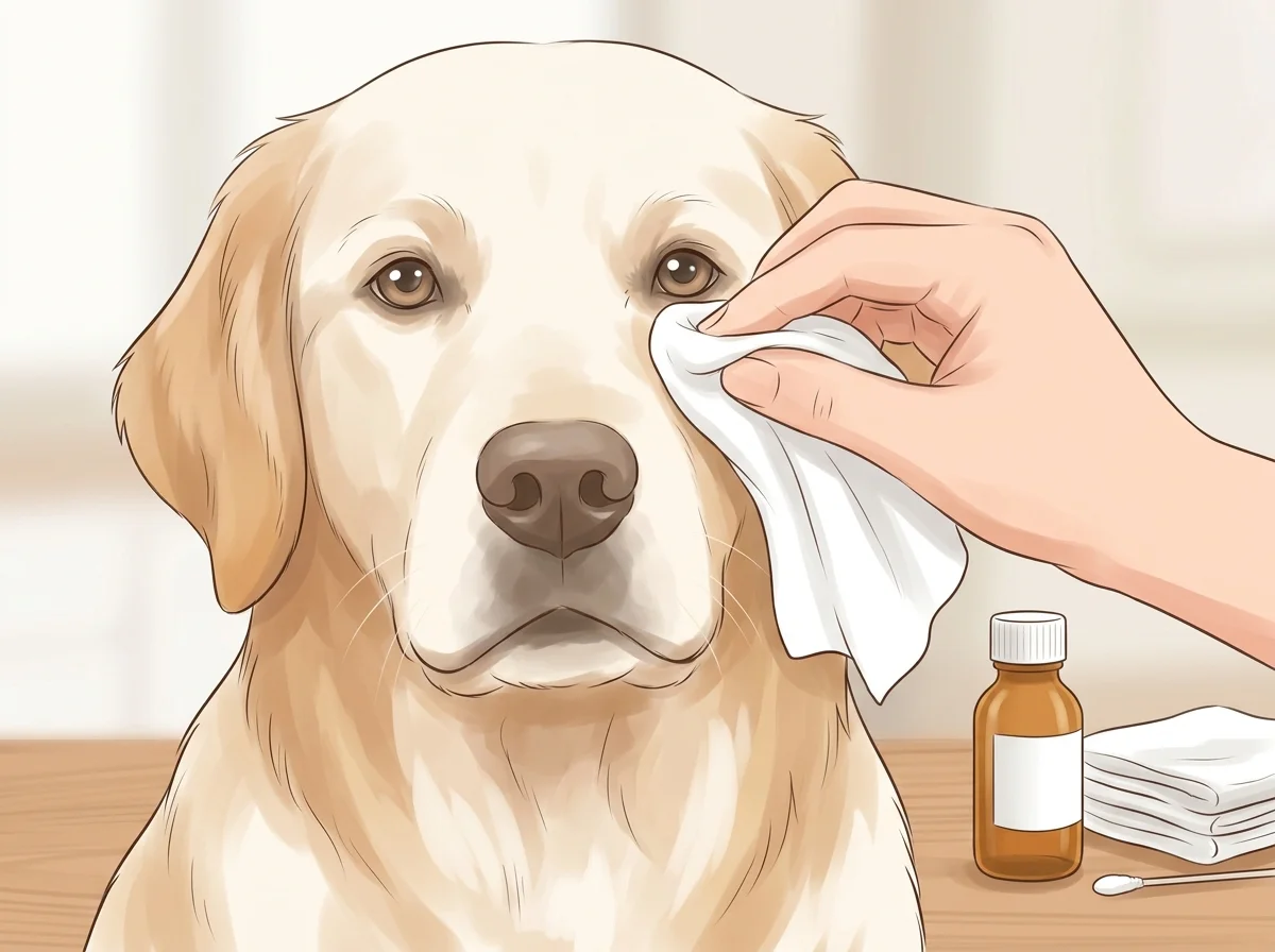 Illustrazione igiene perioculare del cane con materiali delicati