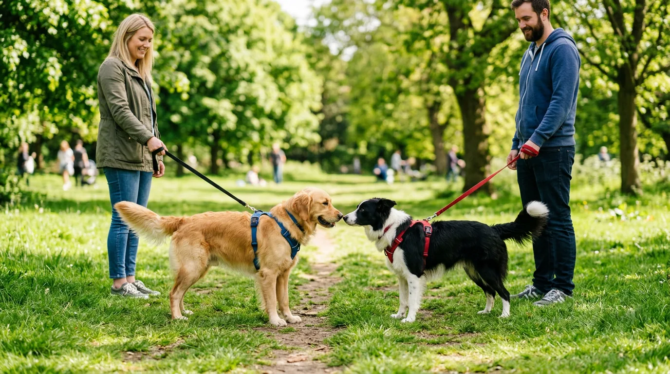 Socializzazione del cane al parco: incontro controllato tra cani al guinzaglio