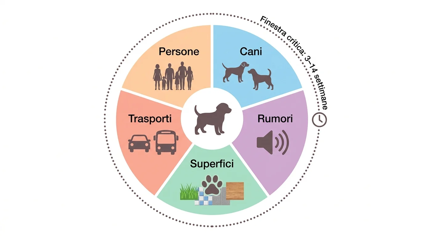 Infografica socializzazione cane: stimoli da esporre e finestra di socializzazione precoce
