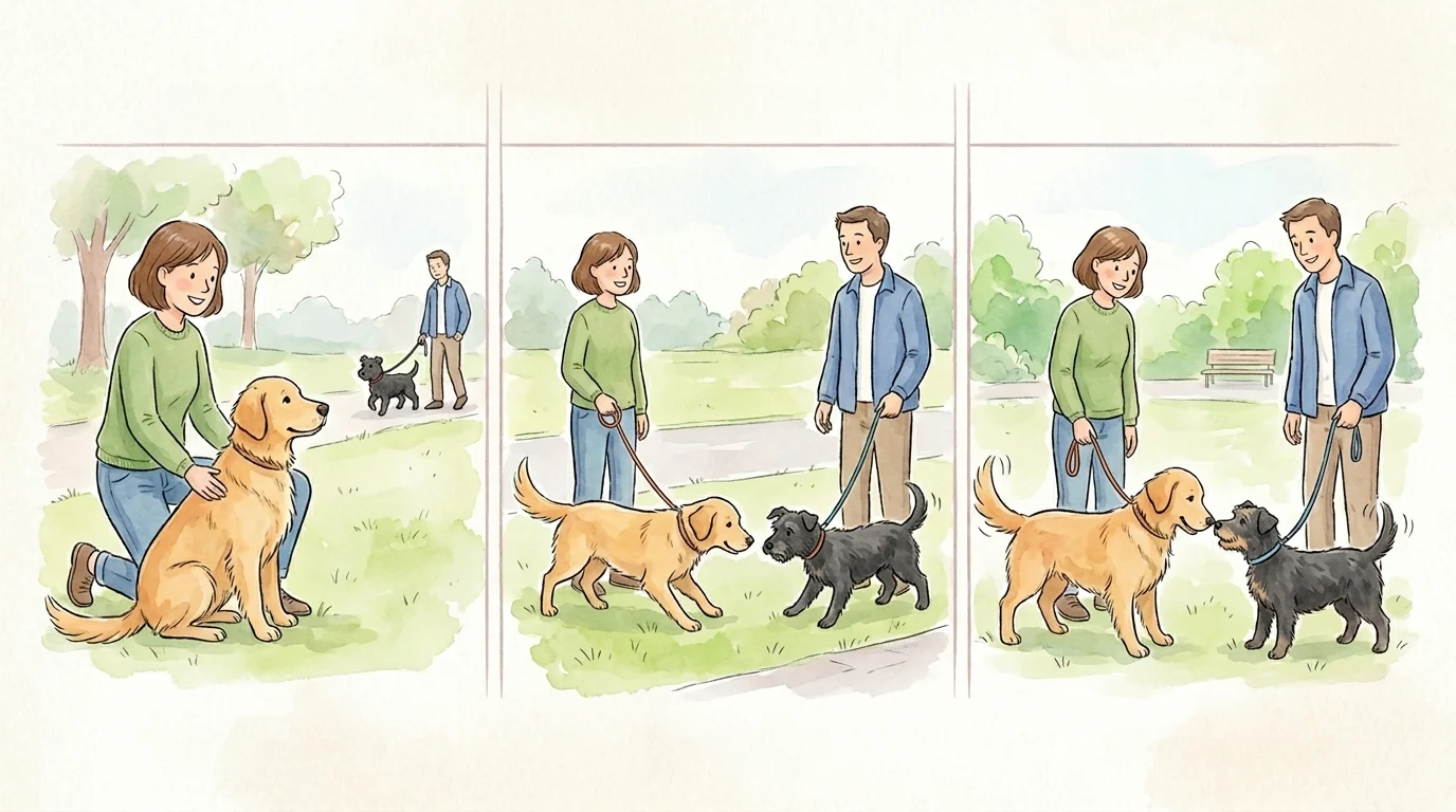 Illustrazione passi della socializzazione del cane: osservazione e avvicinamento graduale