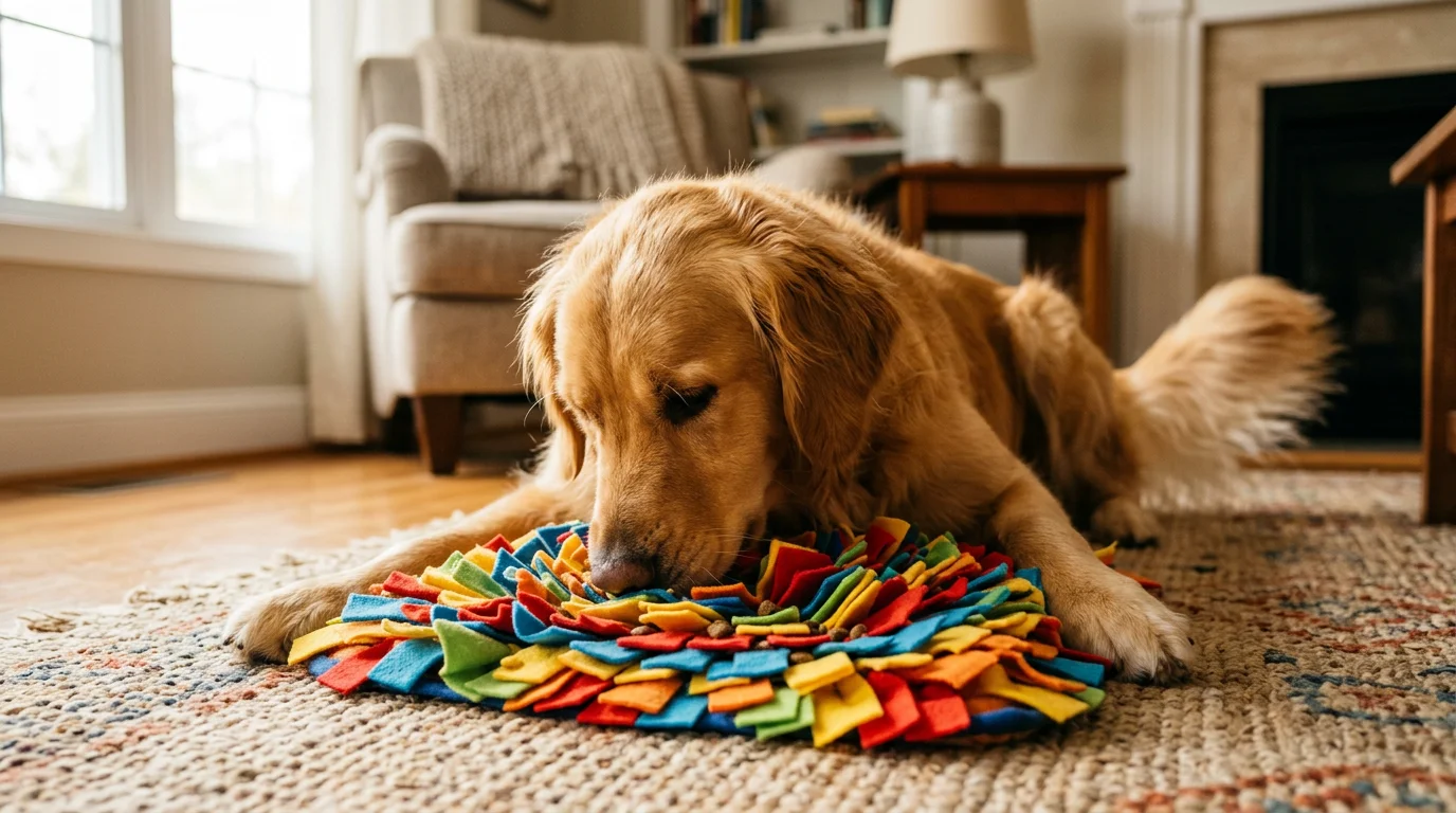 Golden retriever che cerca le crocchette in un tappetino olfattivo di pile