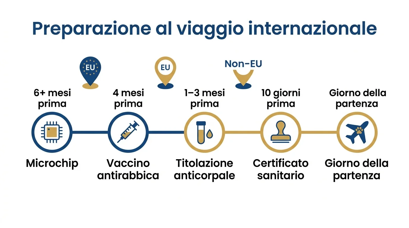 Infografica timeline viaggi internazionali con il cane: passi e tempistiche
