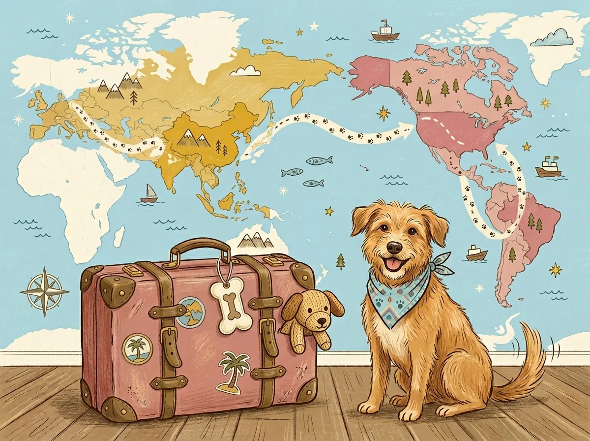 Illustrazione pianificazione viaggio all'estero con il cane
