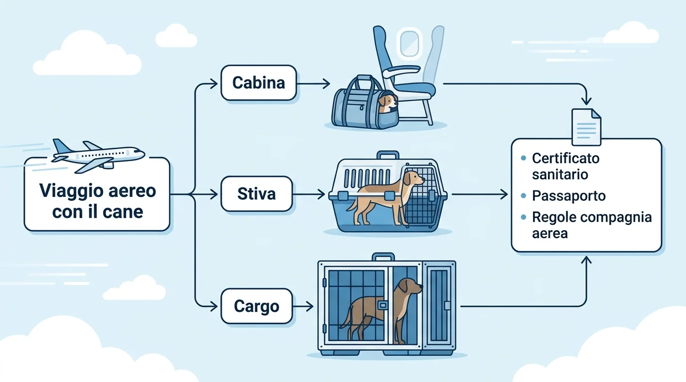 Infografica viaggiare in aereo con il cane: cabina, stiva e documentazione