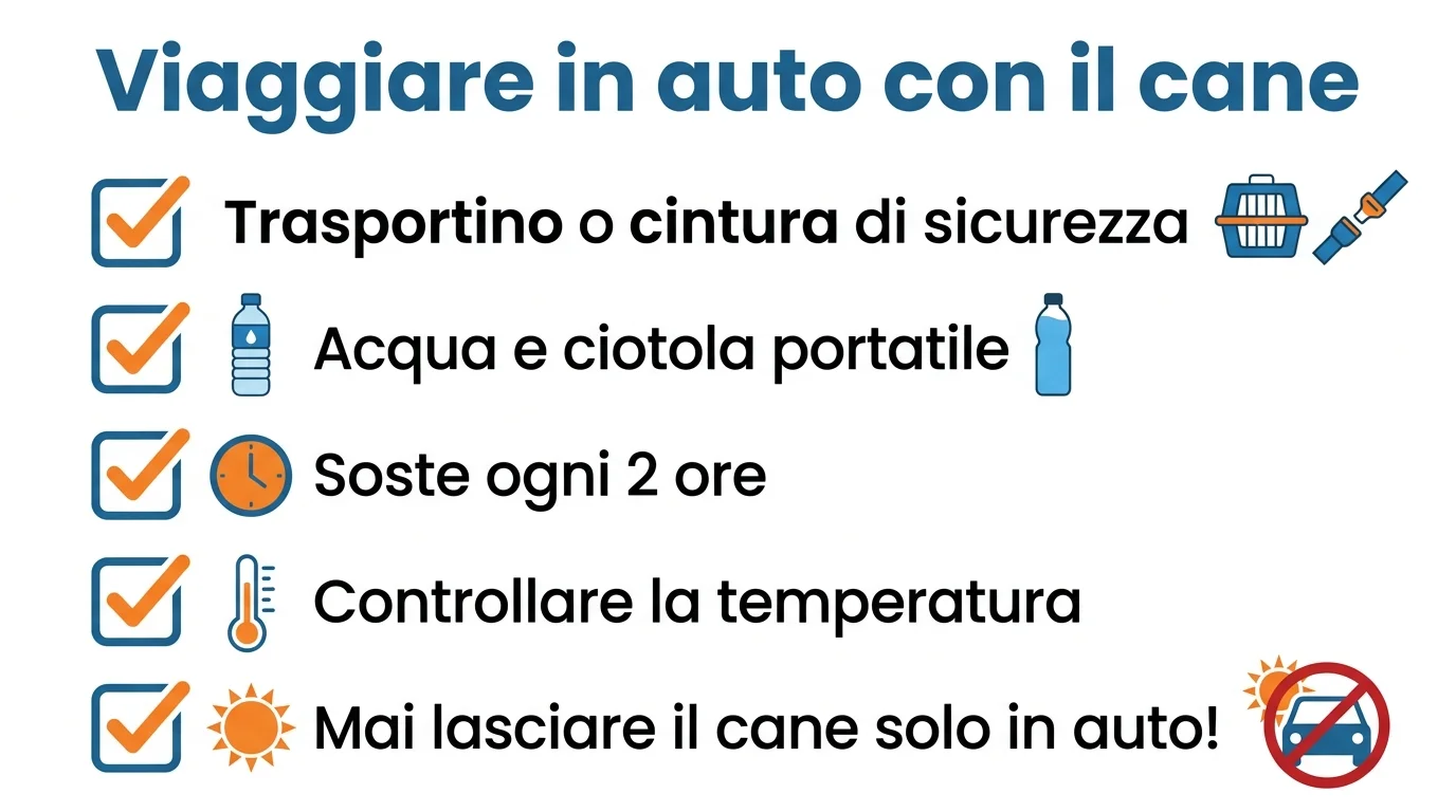 Infografica viaggiare in auto con il cane: sicurezza, soste e rischio calore
