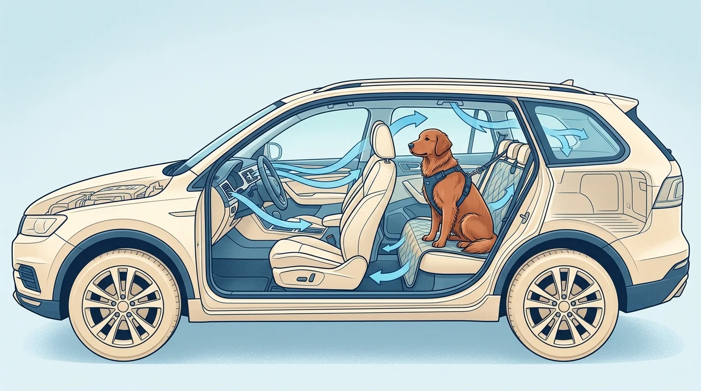 Illustrazione aerazione e comfort del cane in auto durante il viaggio