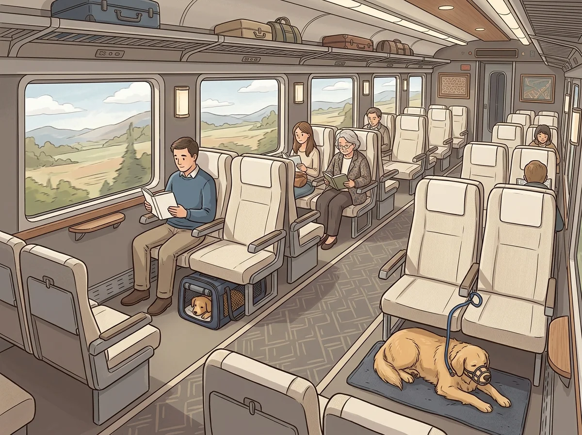 Illustrazione posizione del cane in treno: spazio e comfort durante il viaggio
